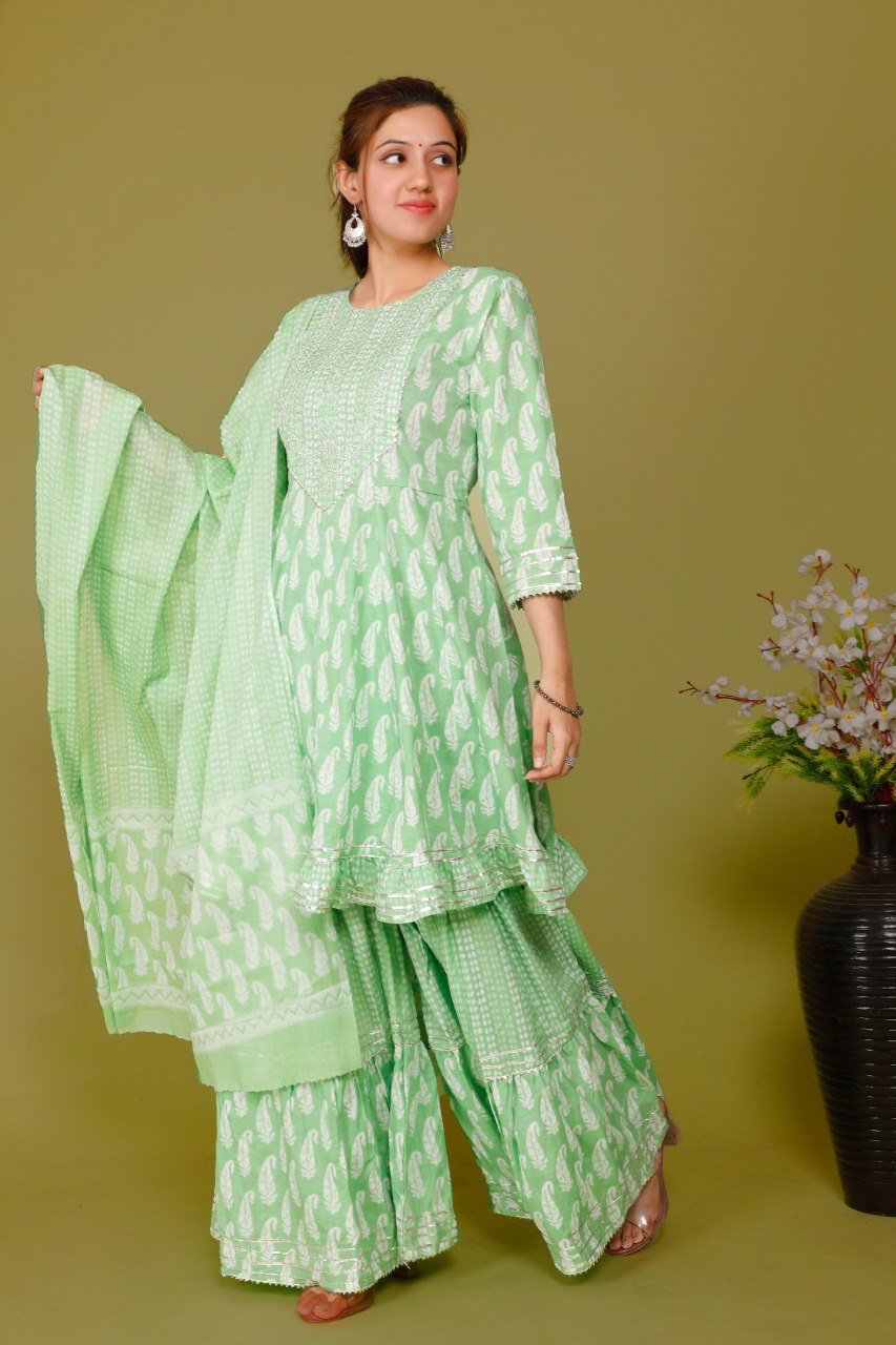 Light Pista Color Short anaarkali kurti with full flair sharara and dupatta - Joshindia
