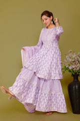 Lighr Purple Color Short anaarkali kurti with full flair sharara and dupatta - Joshindia