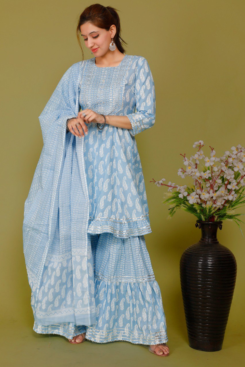 Light Blue Color Short anaarkali kurti with full flair sharara and dupatta - Joshindia