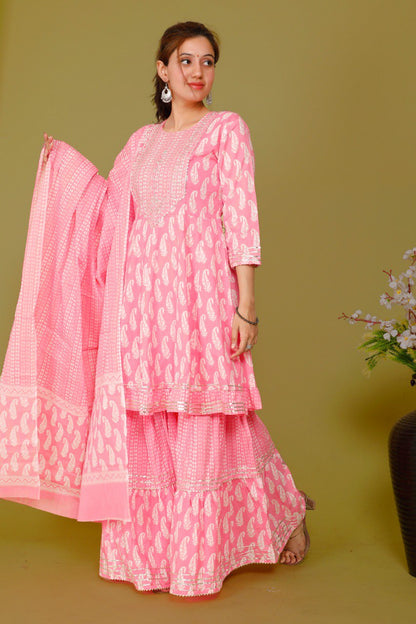 Light Pink Color Short anaarkali kurti with full flair sharara and dupatta