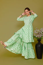 Light Pista Color Short anaarkali kurti with full flair sharara and dupatta - Joshindia