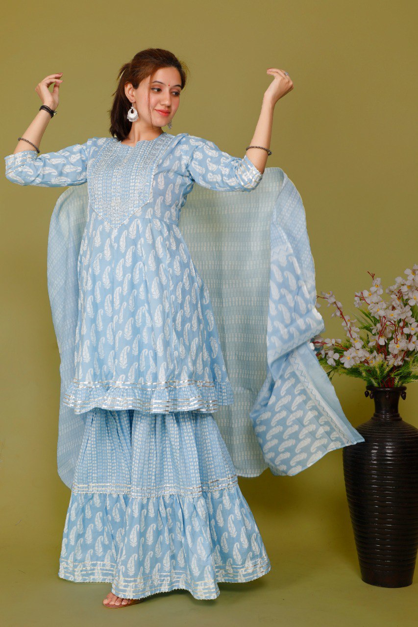 Light Blue Color Short anaarkali kurti with full flair sharara and dupatta - Joshindia