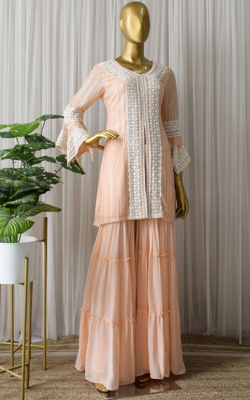Peach Color Faux Georgette Embroided Sharara Suit