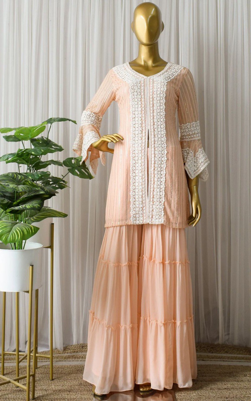 Peach Color Faux Georgette Embroided Sharara Suit