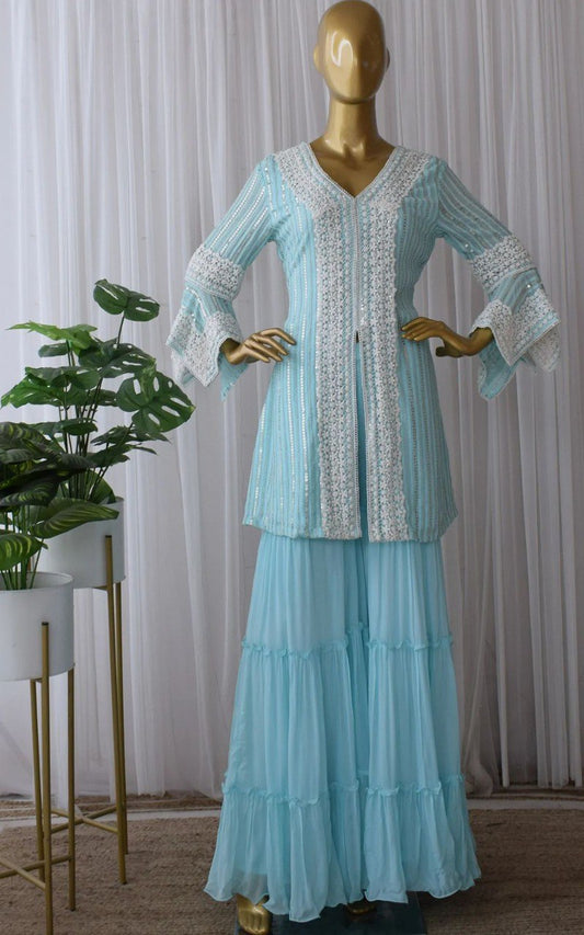 Sky Blue Color Faux Georgette Embroided Sharara Suit