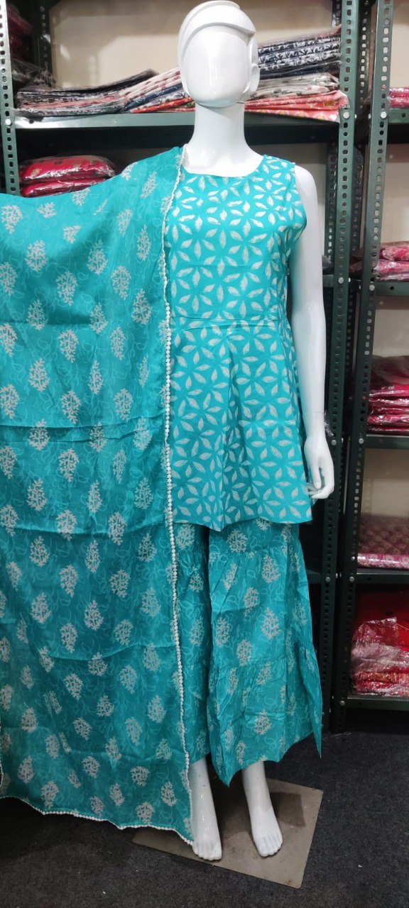 Beautiful Sky Blue Color Heavy Cotton Kurti with Sharara And Dupatta - Joshindia