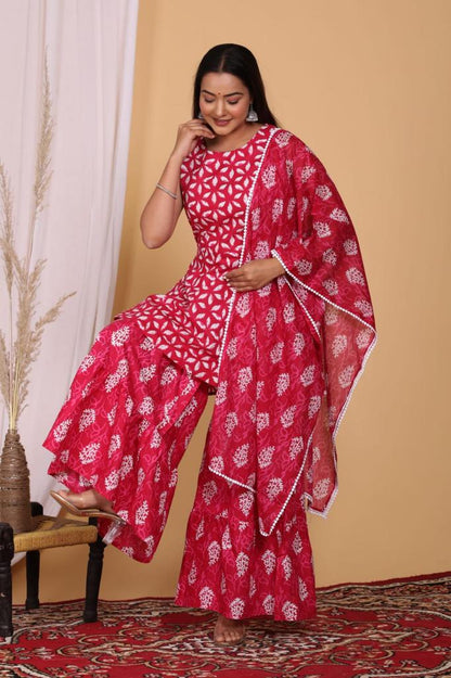 Beautiful Red Color Heavy Cotton Kurti with Sharara And Dupatta