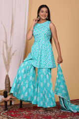 Beautiful Sky Blue Color Heavy Cotton Kurti with Sharara And Dupatta - Joshindia