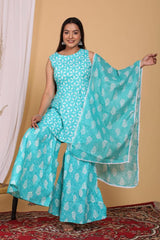 Beautiful Sky Blue Color Heavy Cotton Kurti with Sharara And Dupatta - Joshindia
