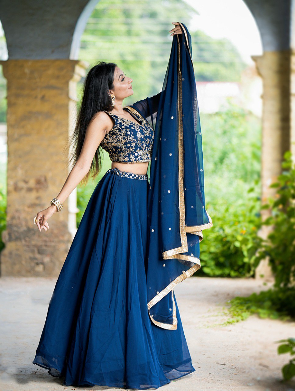 Blue Color Georgette Designer Lehenga Choli - Joshindia