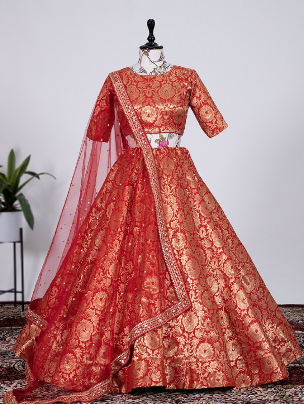 Buy Red Color Banarasi Silk Lehengas Online Joshindia