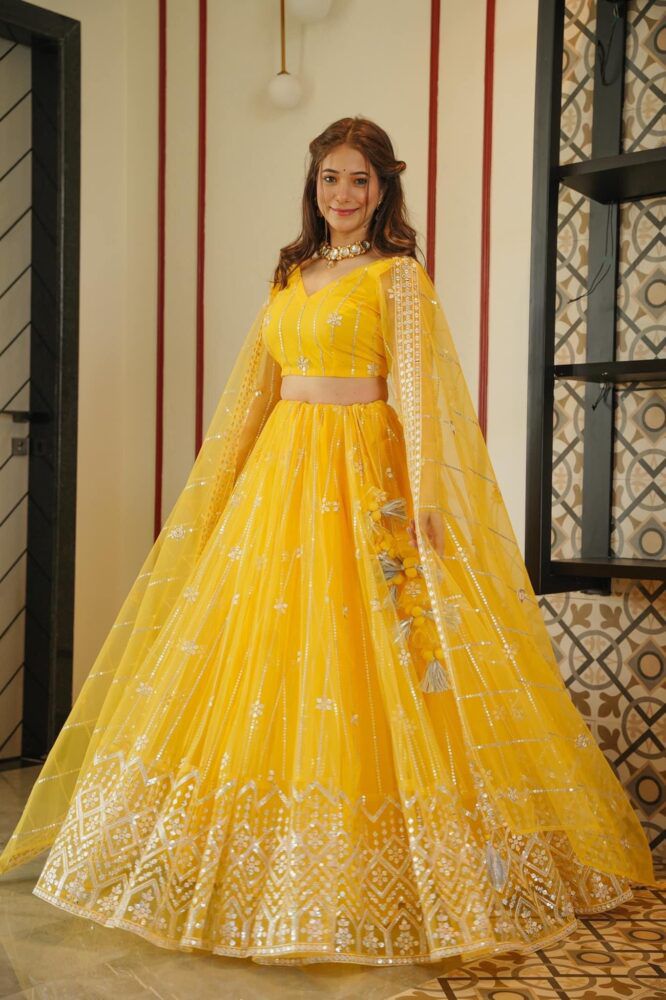 Haldi yellow Lehngha choli with dupatta for Wedding - Joshindia