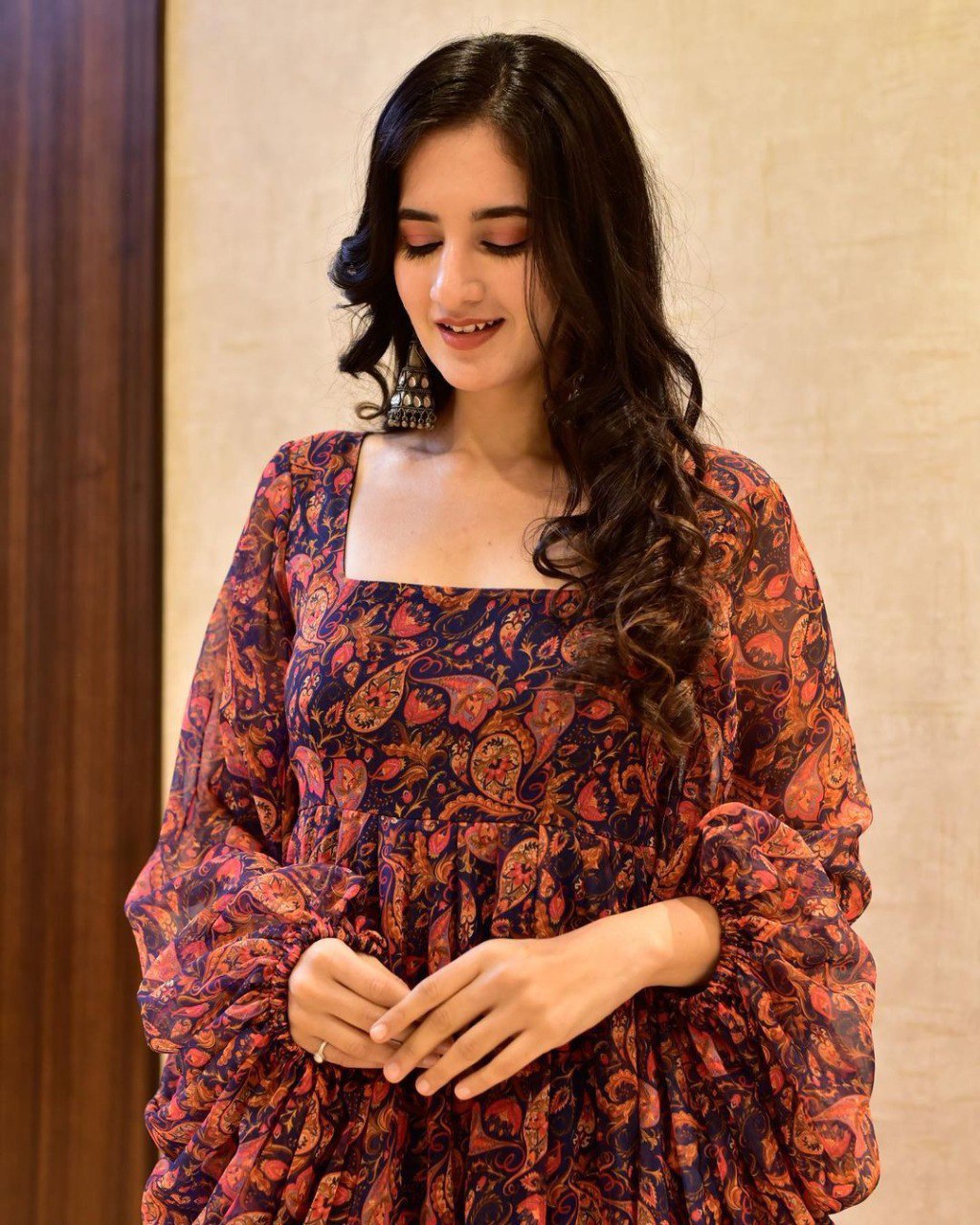 Designer LongRuffle Dress With Floral Print - Joshindia