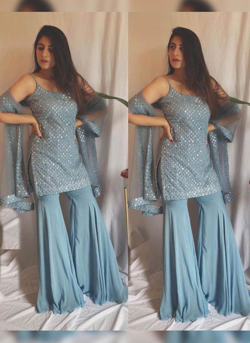 Dusty blue color georgette sharara style salwar suit buy now